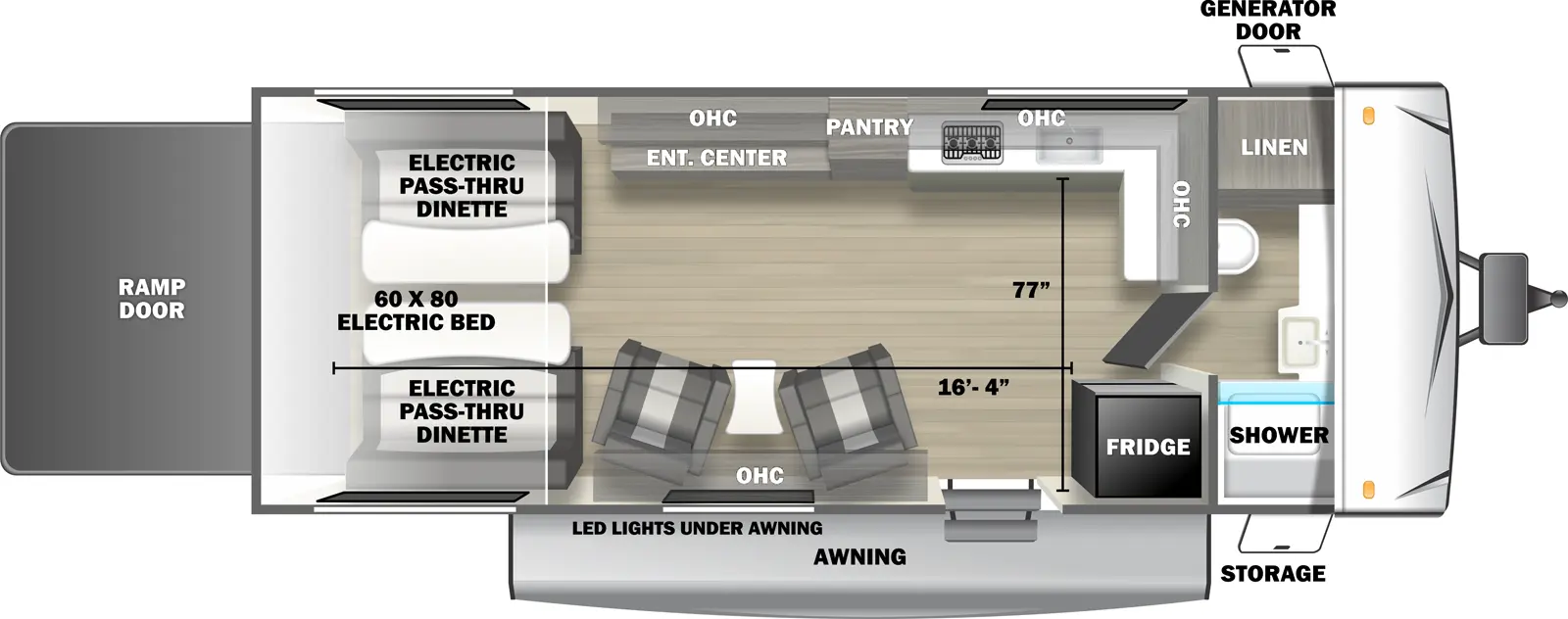 The 2450RLX travel trailer has no slide outs, 1 entry door and 1 rear ramp door. Exterior features include an awning with LED lights, front door side storage and front off-door side generator door. Interior layout from front to back includes: front bathroom with linen storage, toilet, countertop, sink and shower; kitchen with refrigerator next to entry door, L-shaped off-door side countertop with overhead cabinets, stovetop, and kitchen sink; off-door side pantry; 2 door side recliners with end table; off-door side entertainment center across from the recliners; and rear electric 60 x 80 bed with opposing side electric pass-through dinette. Cargo length from rear of unit to refrigerator is 16 ft. 4 in. Cargo width from kitchen countertop to door side wall is 77 inches.